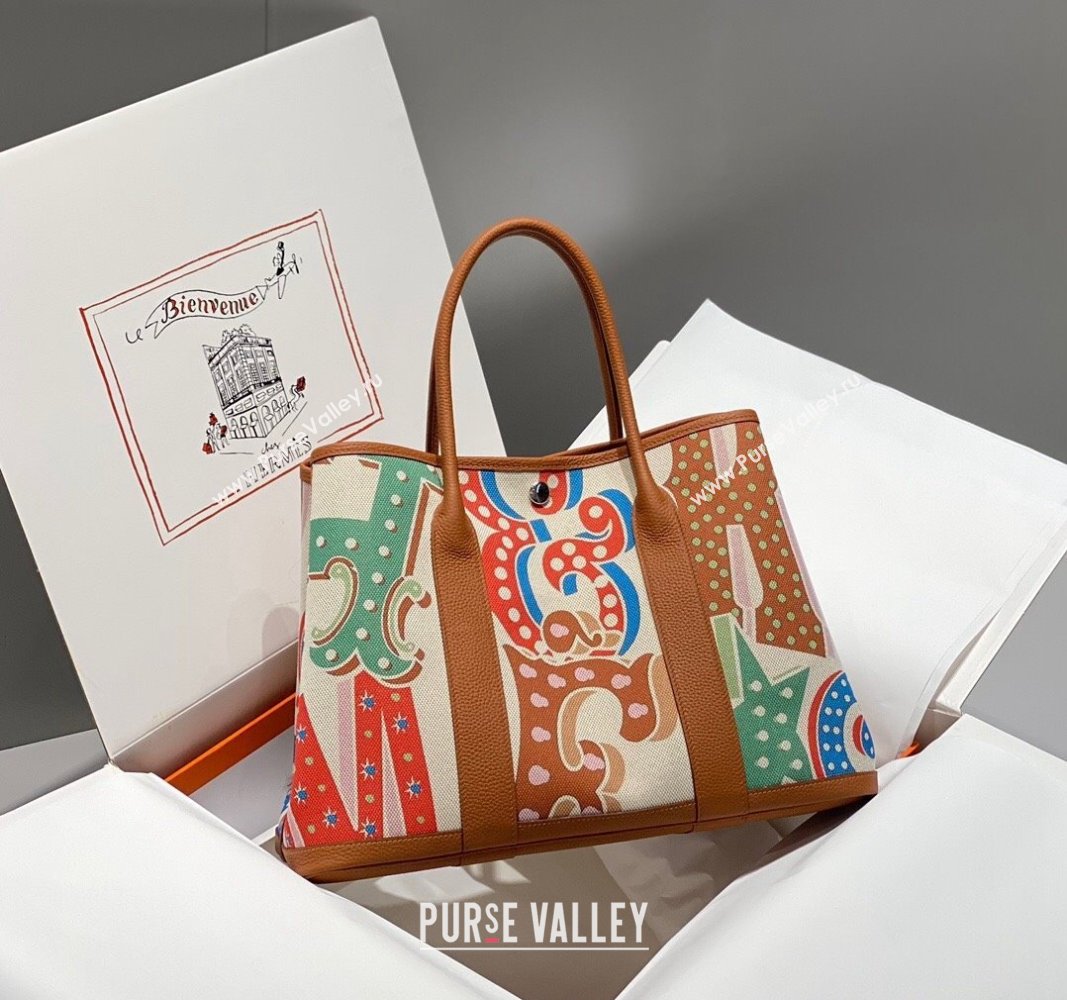 Hermes Garden Party Bag 30/36cm in Printed Canvas and Calfskin Brown/Multi 2024 (Half Handmade) (FLI-240828120)