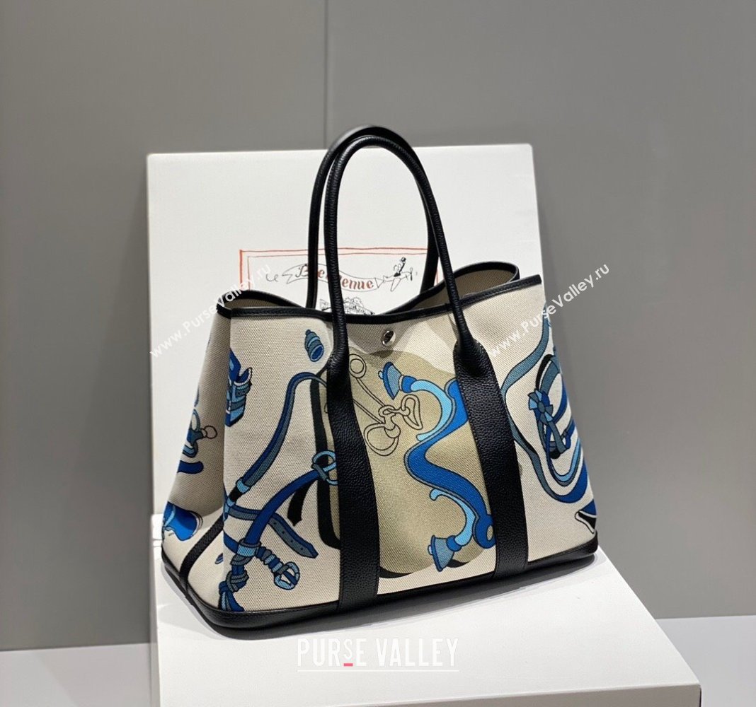 Hermes Garden Party Bag 30/36cm in Printed Canvas and Calfskin Black 06 2024 (Half Handmade) (FLI-240828121)