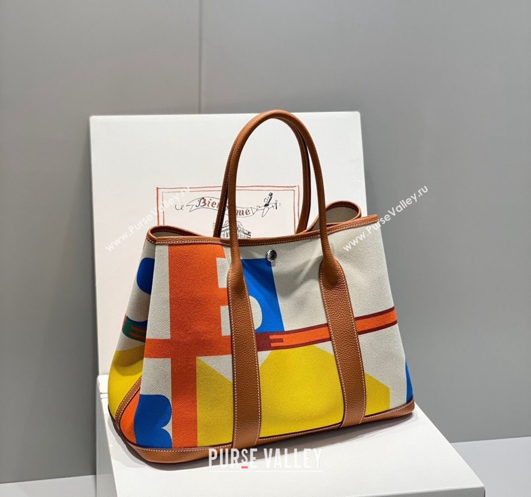 Hermes Garden Party Bag 30/36cm in Printed Canvas and Calfskin Brown 07 2024 (Half Handmade) (FLI-240828122)