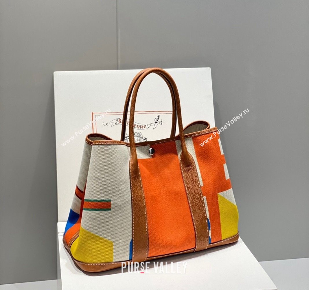 Hermes Garden Party Bag 30/36cm in Printed Canvas and Calfskin Brown 07 2024 (Half Handmade) (FLI-240828122)