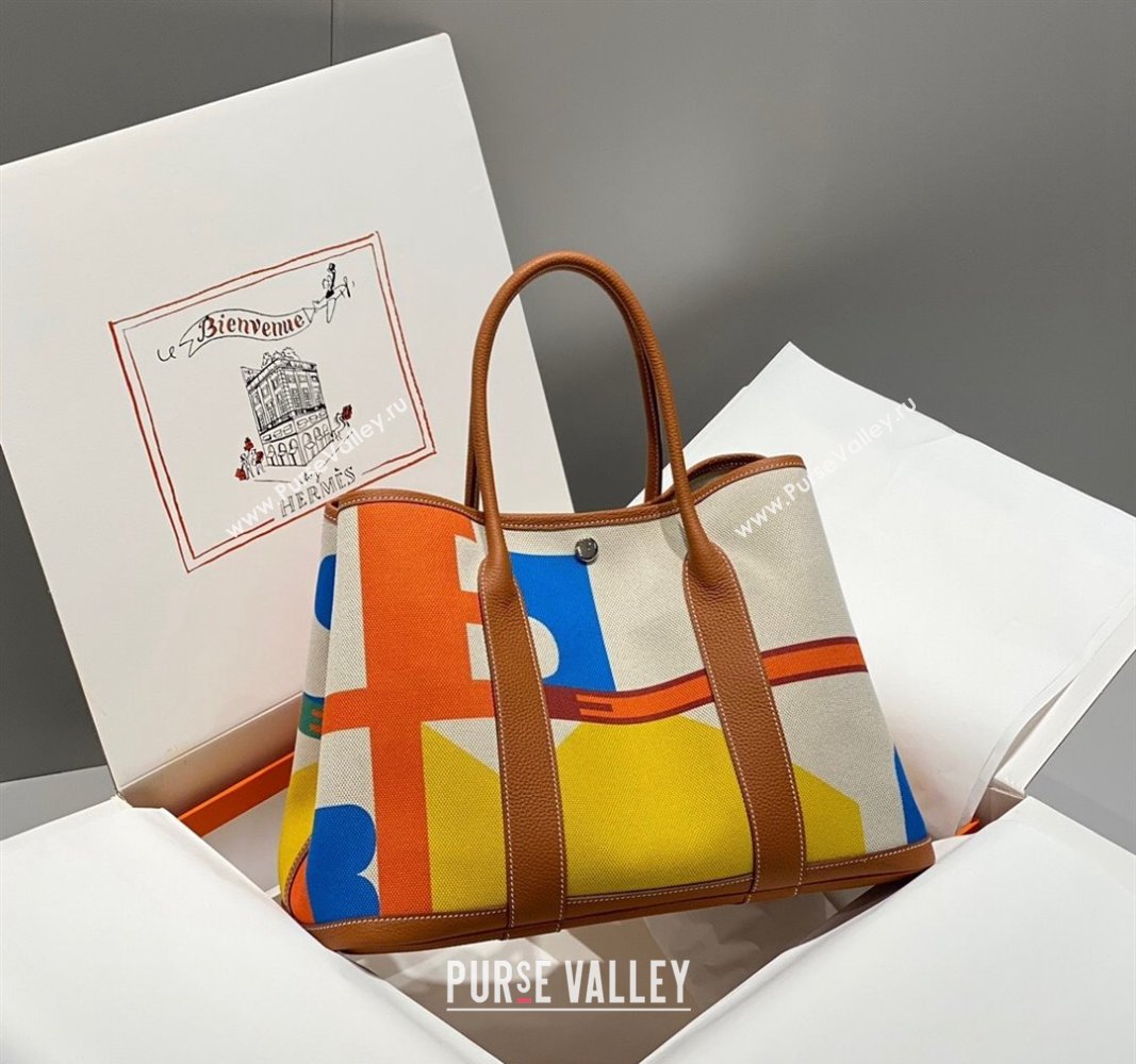 Hermes Garden Party Bag 30/36cm in Printed Canvas and Calfskin Brown 07 2024 (Half Handmade) (FLI-240828122)