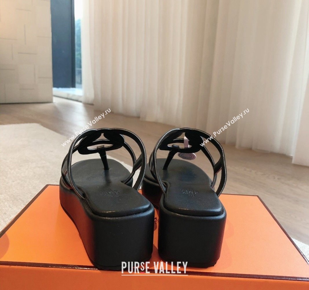 Hermes Egerie Wedge Thong Slide Sandals in Nappa Calfskin Black 2024 0907 (XC-240907070)