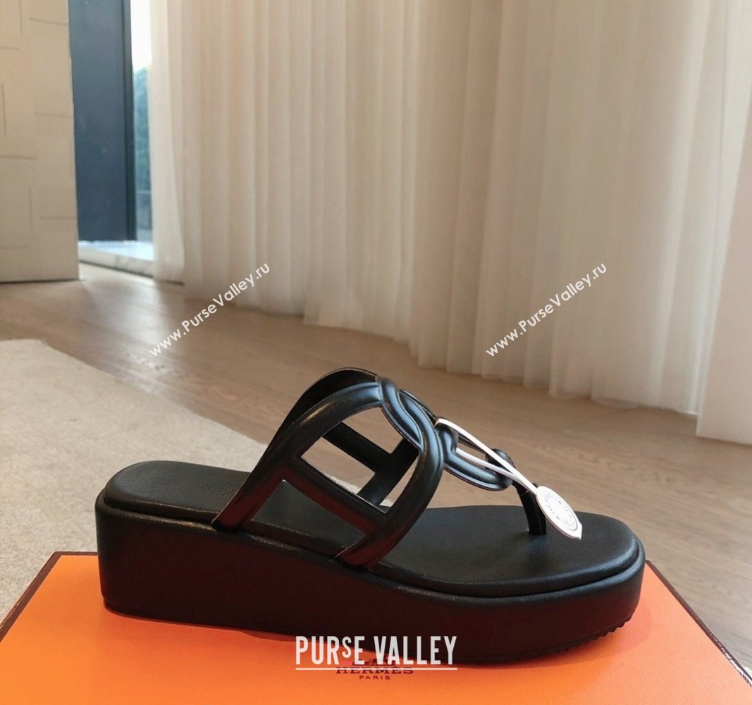 Hermes Egerie Wedge Thong Slide Sandals in Nappa Calfskin Black 2024 0907 (XC-240907070)