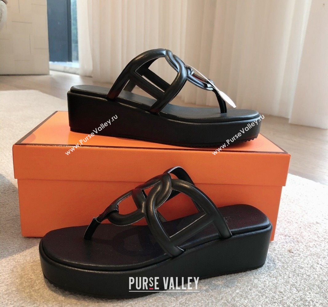 Hermes Egerie Wedge Thong Slide Sandals in Nappa Calfskin Black 2024 0907 (XC-240907070)