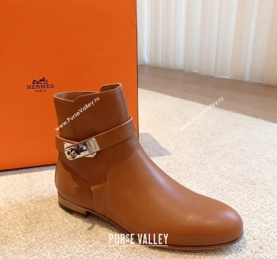 Hermes Fortune Ankle Flat Boots in Calfskin with Kelly Buckle Brown 2024  (XC-240907035)