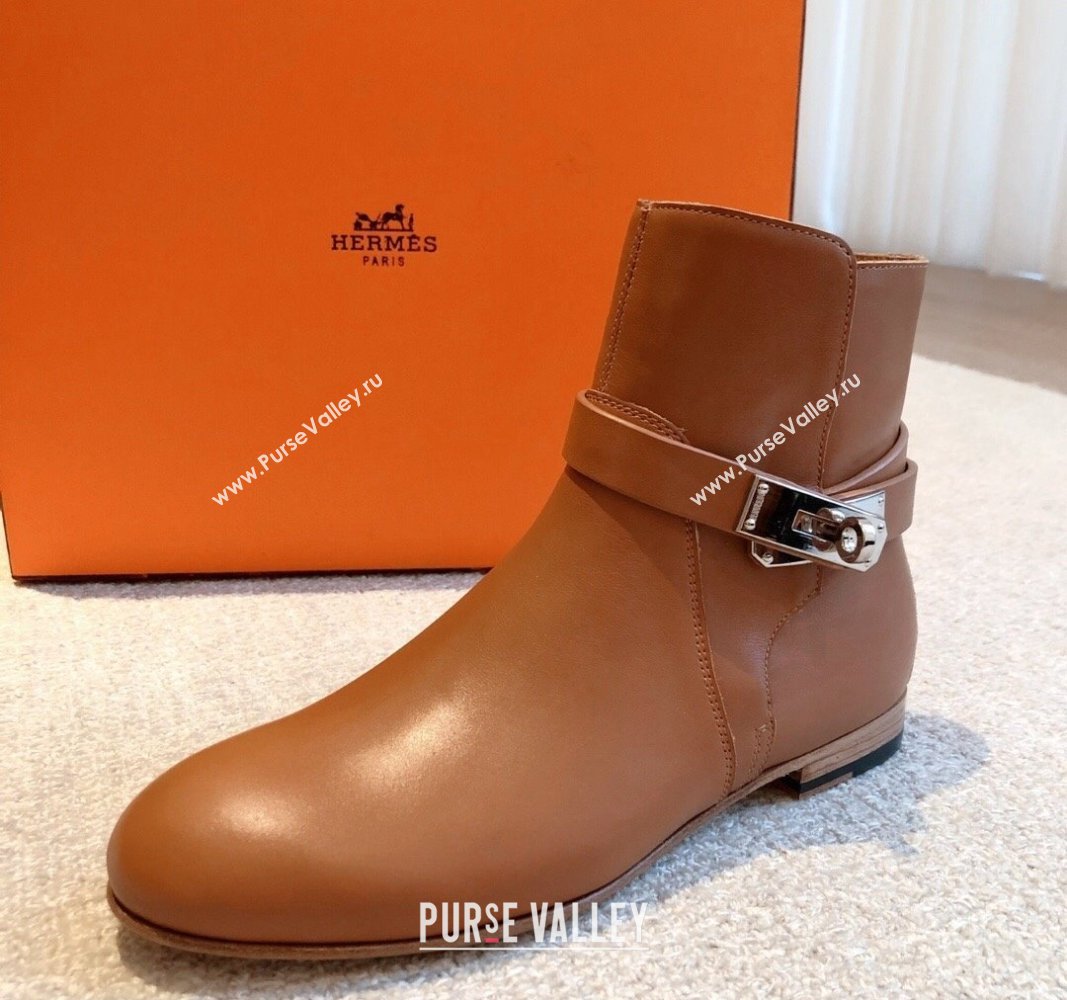 Hermes Fortune Ankle Flat Boots in Calfskin with Kelly Buckle Brown 2024  (XC-240907035)