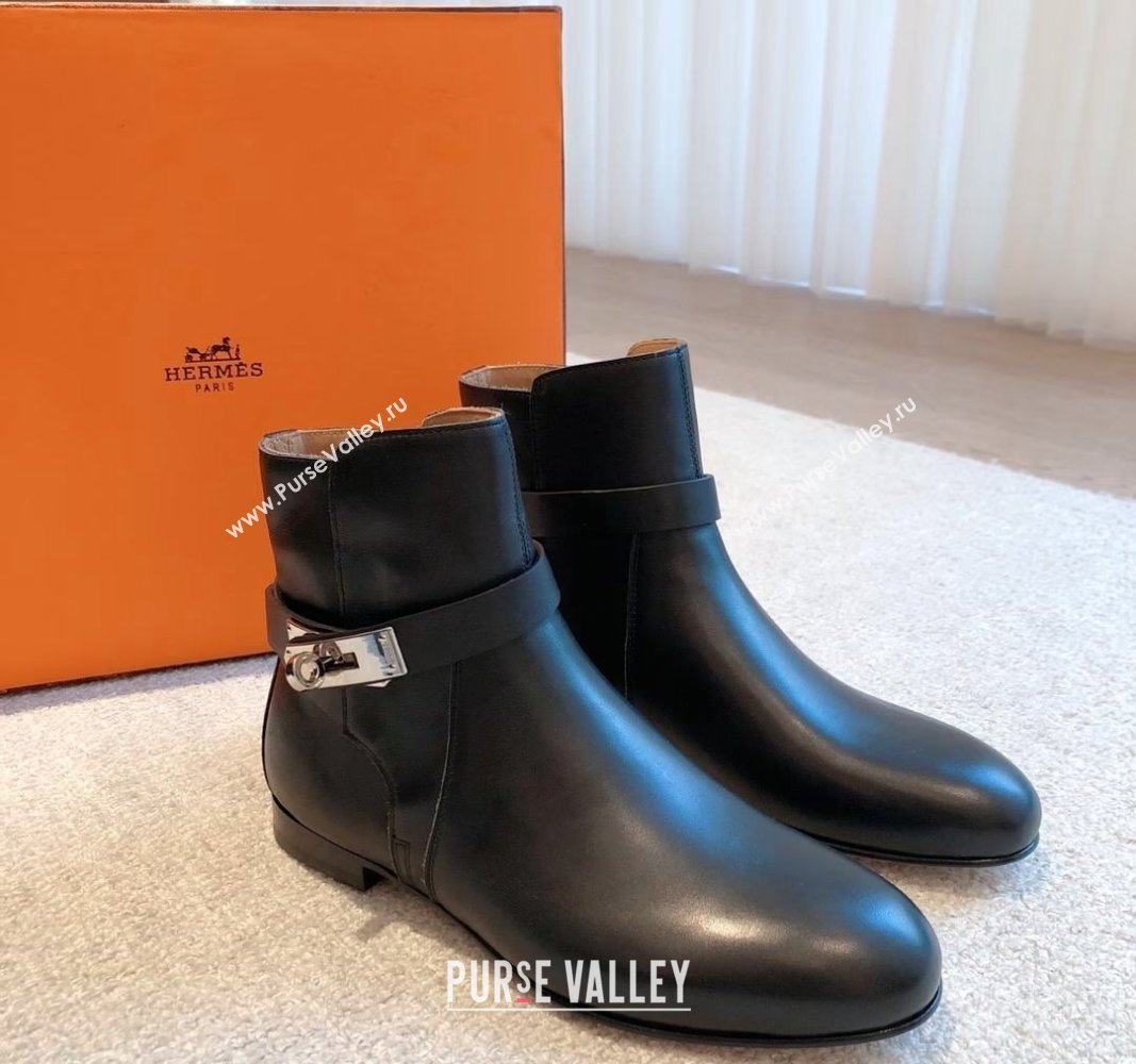 Hermes Fortune Ankle Flat Boots in Calfskin with Kelly Buckle Black 2024  (XC-240907036)