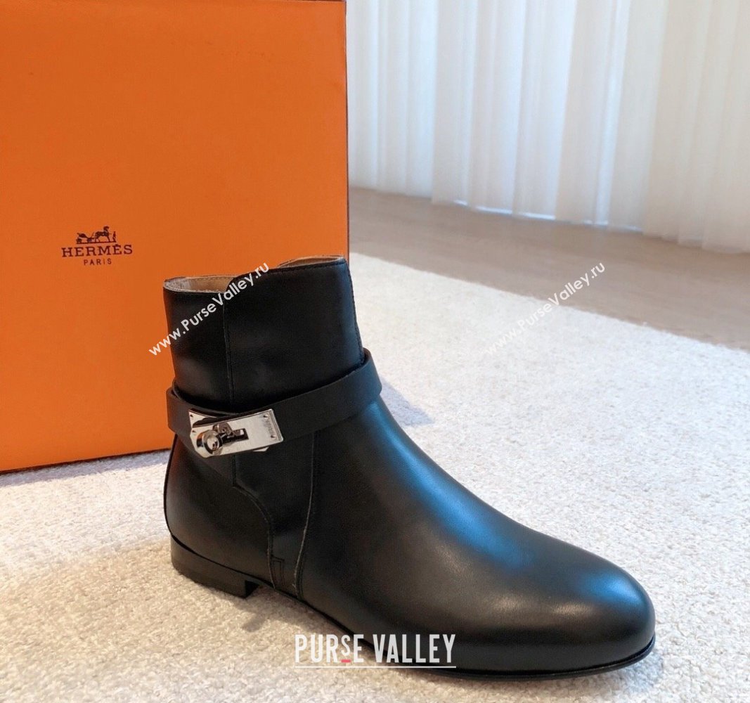 Hermes Fortune Ankle Flat Boots in Calfskin with Kelly Buckle Black 2024  (XC-240907036)