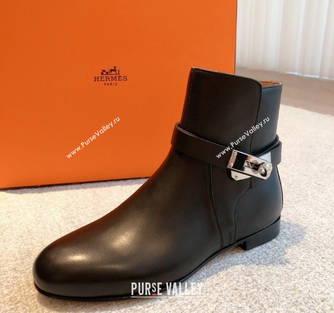 Hermes Fortune Ankle Flat Boots in Calfskin with Kelly Buckle Black 2024  (XC-240907036)