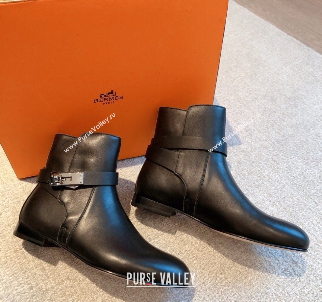 Hermes Fortune Ankle Flat Boots in Calfskin with Kelly Buckle Black 2024  (XC-240907036)