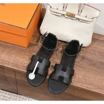 Hermes Santorini Flat Sandals in Grained Calfskin Black 2024 H090901 (MD-240909008)