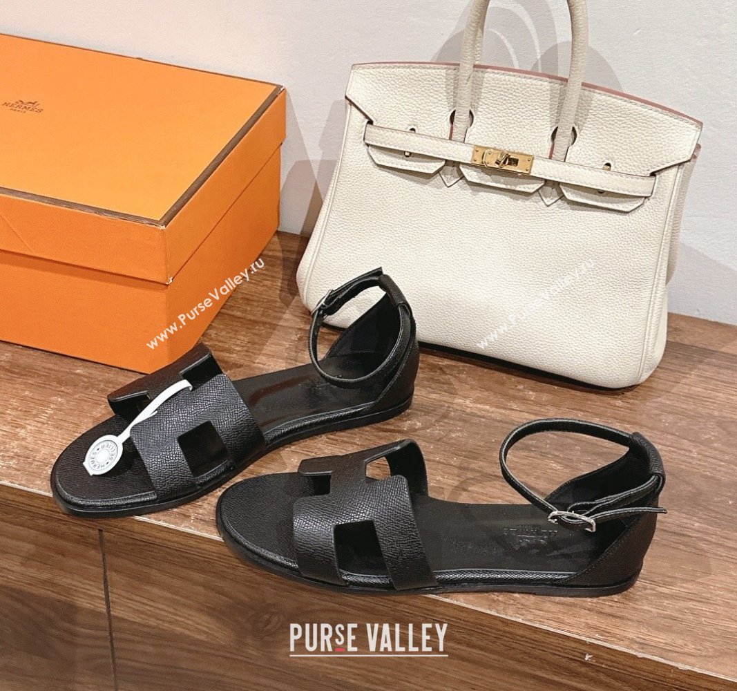 Hermes Santorini Flat Sandals in Grained Calfskin Black 2024 H090901 (MD-240909008)