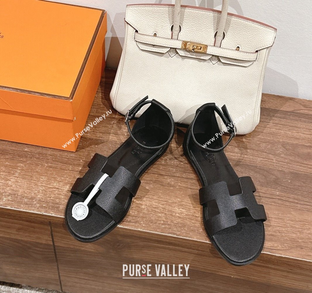 Hermes Santorini Flat Sandals in Grained Calfskin Black 2024 H090901 (MD-240909008)