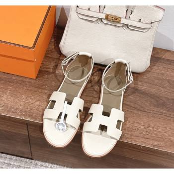 Hermes Santorini Flat Sandals in Grained Calfskin White 2024 H090901 (MD-240909010)