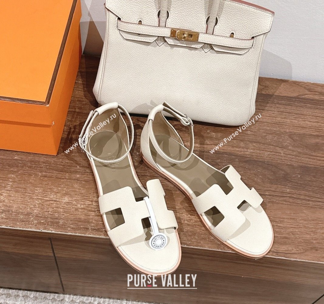 Hermes Santorini Flat Sandals in Grained Calfskin White 2024 H090901 (MD-240909010)