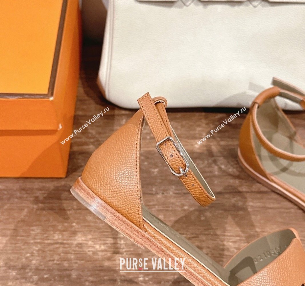 Hermes Santorini Flat Sandals in Grained Calfskin Brown 2024 H090901 (MD-240909012)