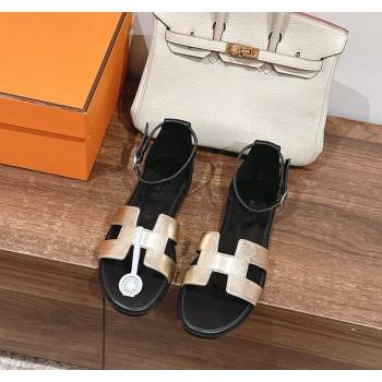 Hermes Santorini Flat Sandals in Smooth Calfskin Gold/Black 2024 H090901 (MD-240909016)