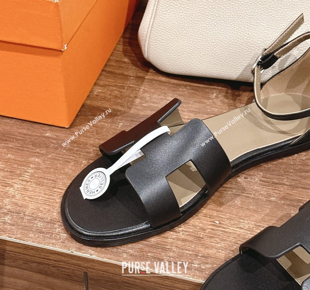 Hermes Santorini Flat Sandals in Smooth Calfskin Black 2024 H090901 (MD-240909017)