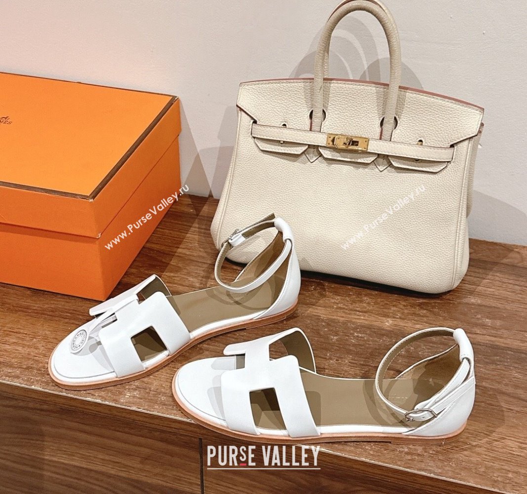 Hermes Santorini Flat Sandals in Smooth Calfskin White 2024 H090901 (MD-240909018)