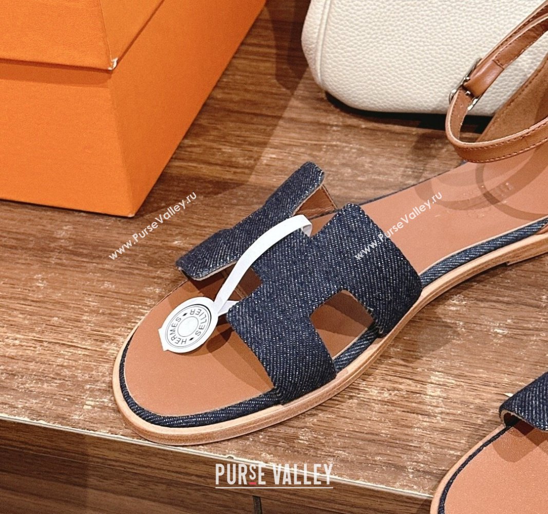 Hermes Santorini Flat Sandals in Dark Blue Denim 2024 H090901 (MD-240909006)