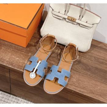 Hermes Santorini Flat Sandals in Light Blue Denim 2024 H090901 (MD-240909007)