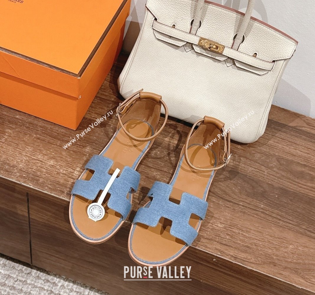 Hermes Santorini Flat Sandals in Light Blue Denim 2024 H090901 (MD-240909007)