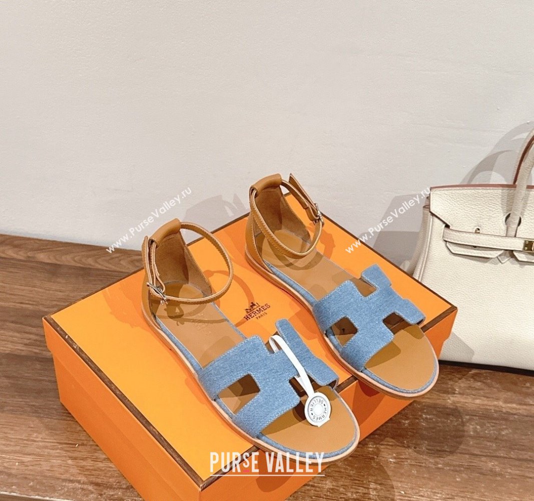 Hermes Santorini Flat Sandals in Light Blue Denim 2024 H090901 (MD-240909007)