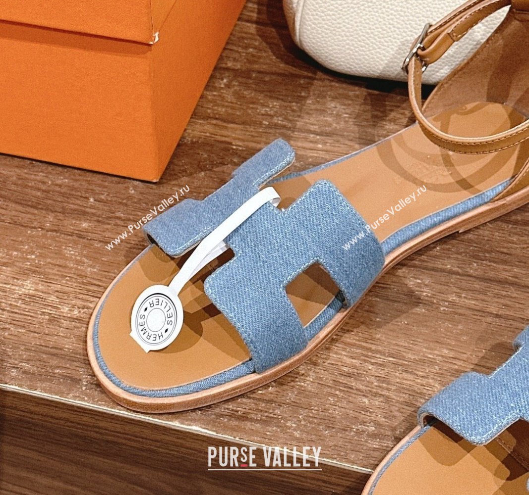 Hermes Santorini Flat Sandals in Light Blue Denim 2024 H090901 (MD-240909007)