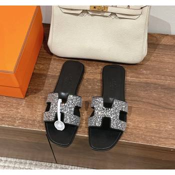 Hermes Classci Oran Flat Slides Sandal in Suede and Strass Black/Clear 2024 0909 (MD-240909027)