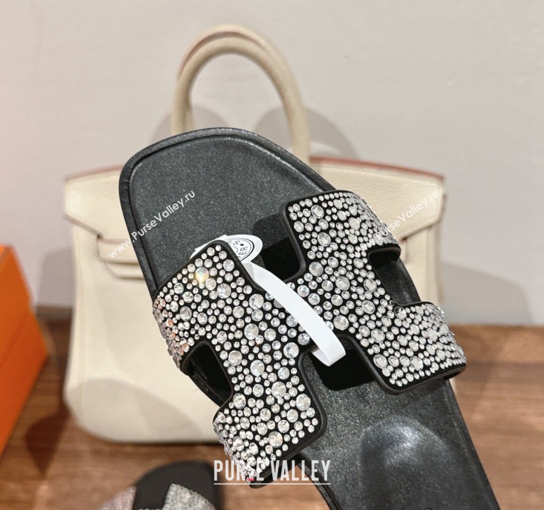 Hermes Classci Oran Flat Slides Sandal in Suede and Strass Black/Clear 2024 0909 (MD-240909027)