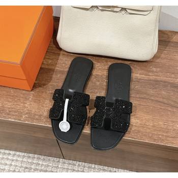 Hermes Classci Oran Flat Slides Sandal in Suede and Strass All Black 2024 0909 (MD-240909028)