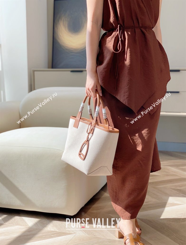 Hermes Steeple Tote Bag 28cm in Canvas and Calfskin Natural/Brown 2024 (Half Handmade) (FLB-240925017)