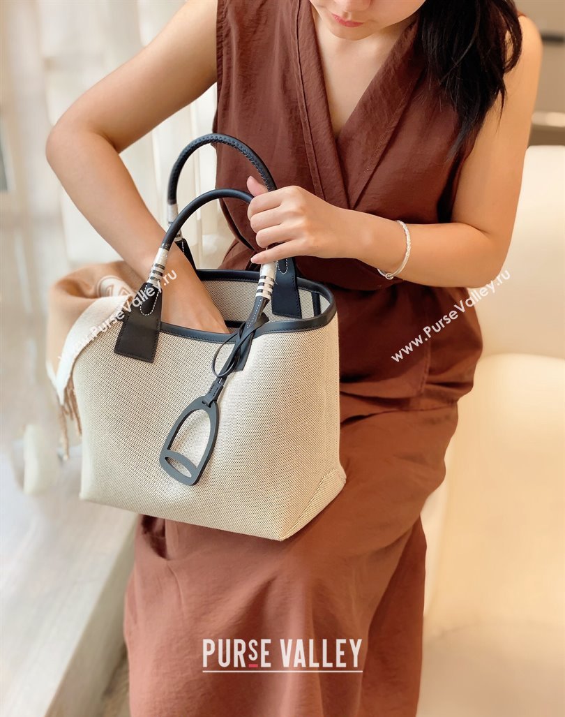 Hermes Steeple Tote Bag 28cm in Canvas and Calfskin Natural/Black 2024 (Half Handmade) (FLB-240925018)