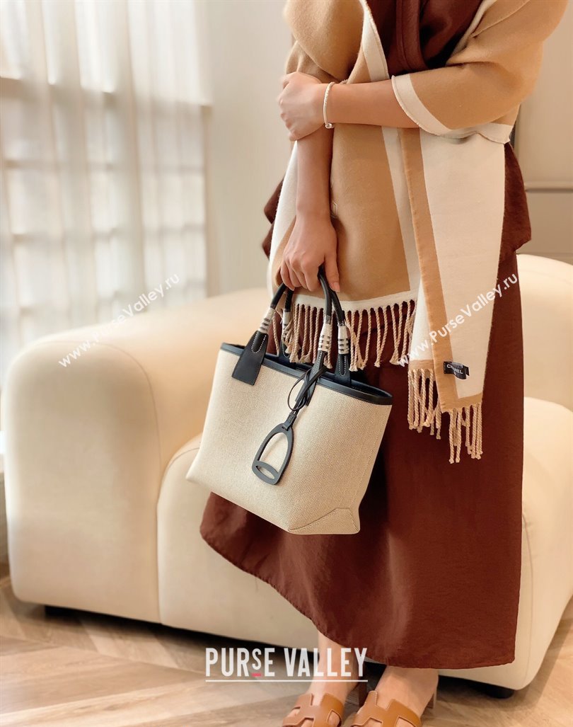 Hermes Steeple Tote Bag 28cm in Canvas and Calfskin Natural/Black 2024 (Half Handmade) (FLB-240925018)