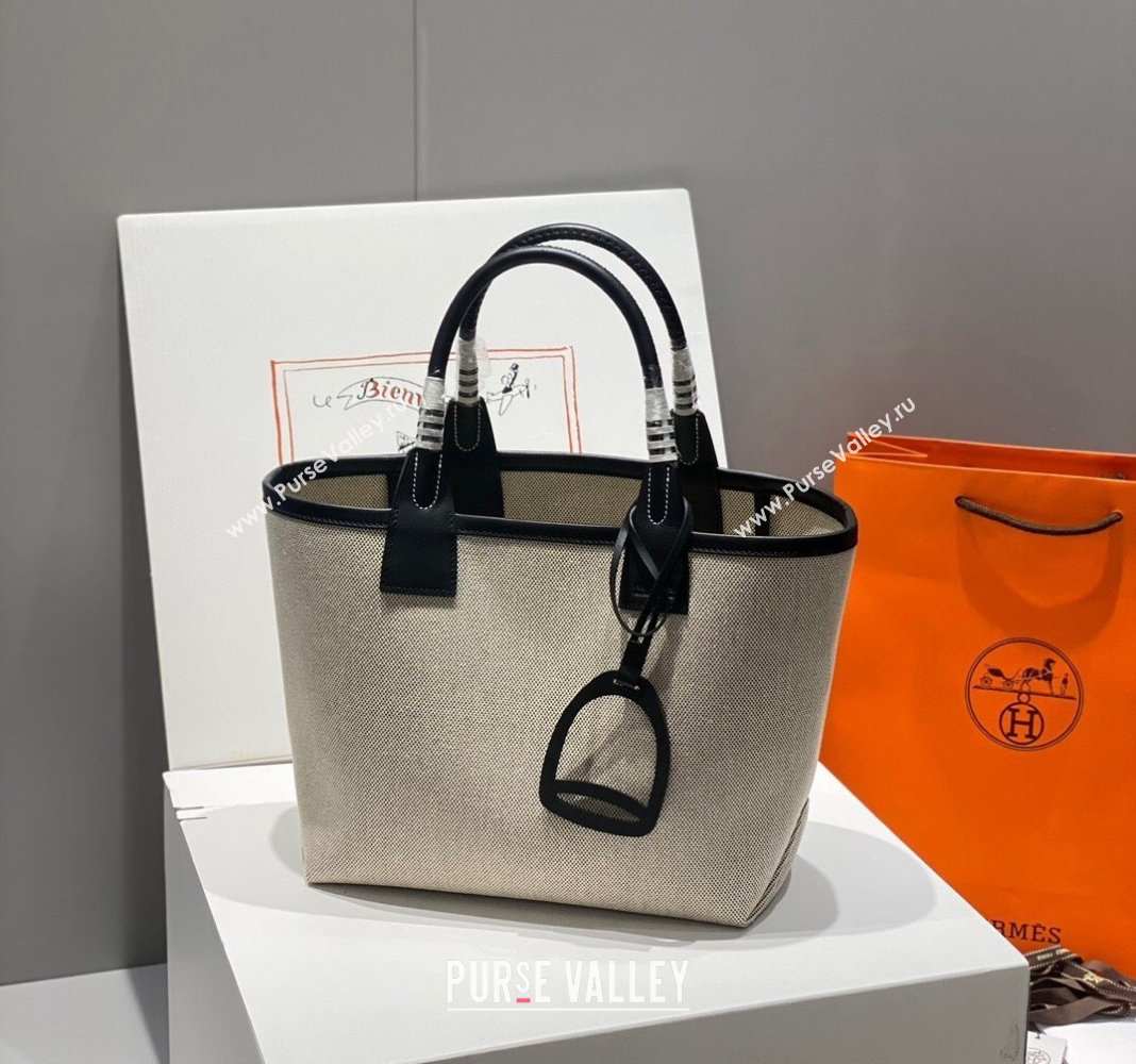 Hermes Steeple Tote Bag 28cm in Canvas and Calfskin Natural/Black 2024 (Half Handmade) (FLB-240925018)