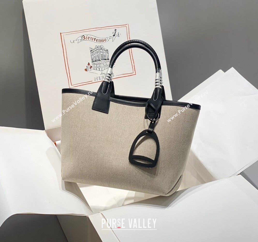 Hermes Steeple Tote Bag 28cm in Canvas and Calfskin Natural/Black 2024 (Half Handmade) (FLB-240925018)