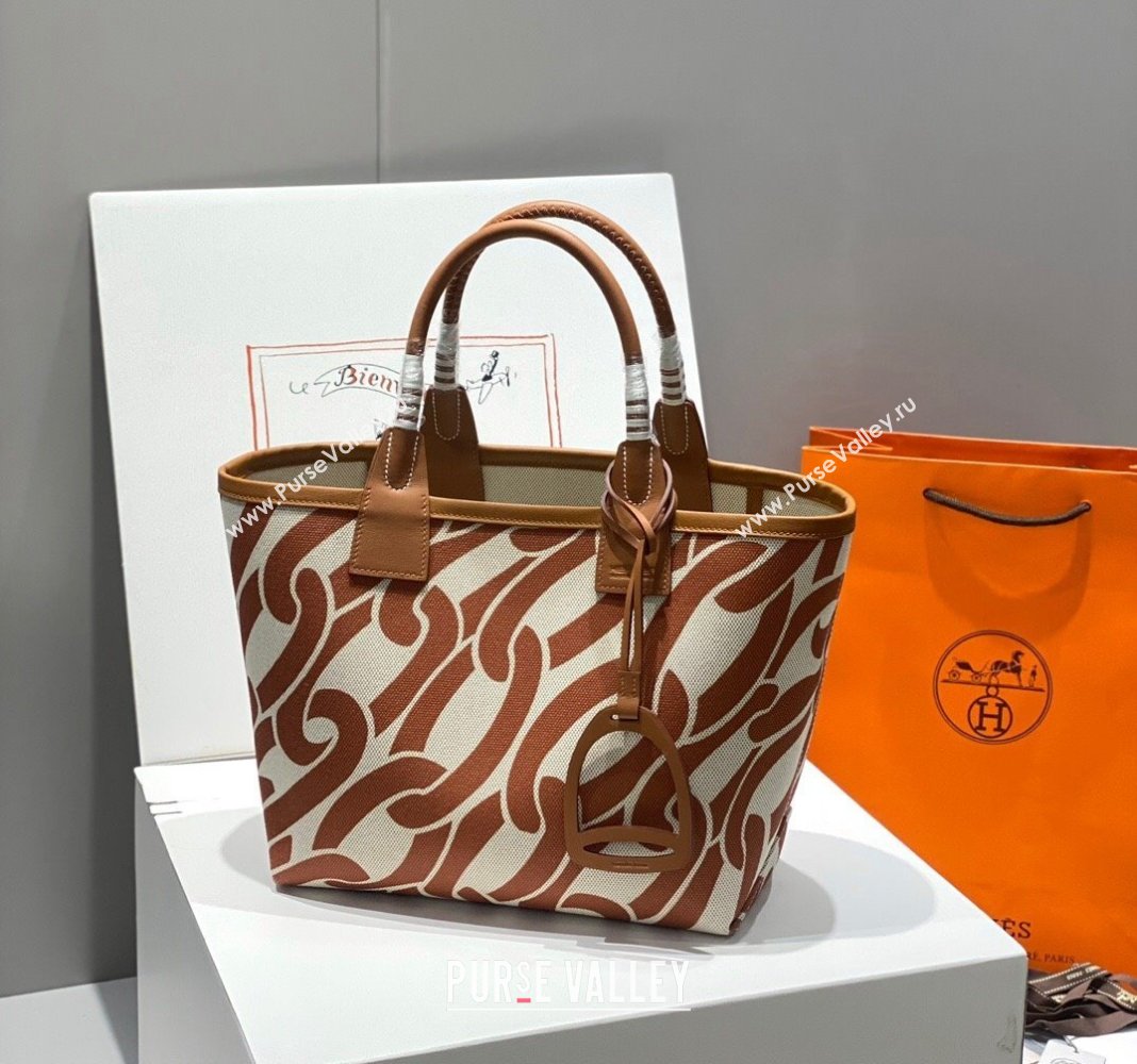 Hermes Steeple Tote Bag 28cm in Printed Canvas and Calfskin Brown 06 2024 (Half Handmade) (FLB-240925025)