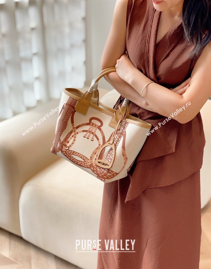 Hermes Steeple Tote Bag 28cm in Printed Canvas and Calfskin Beige 07 2024 (Half Handmade) (FLB-240925026)