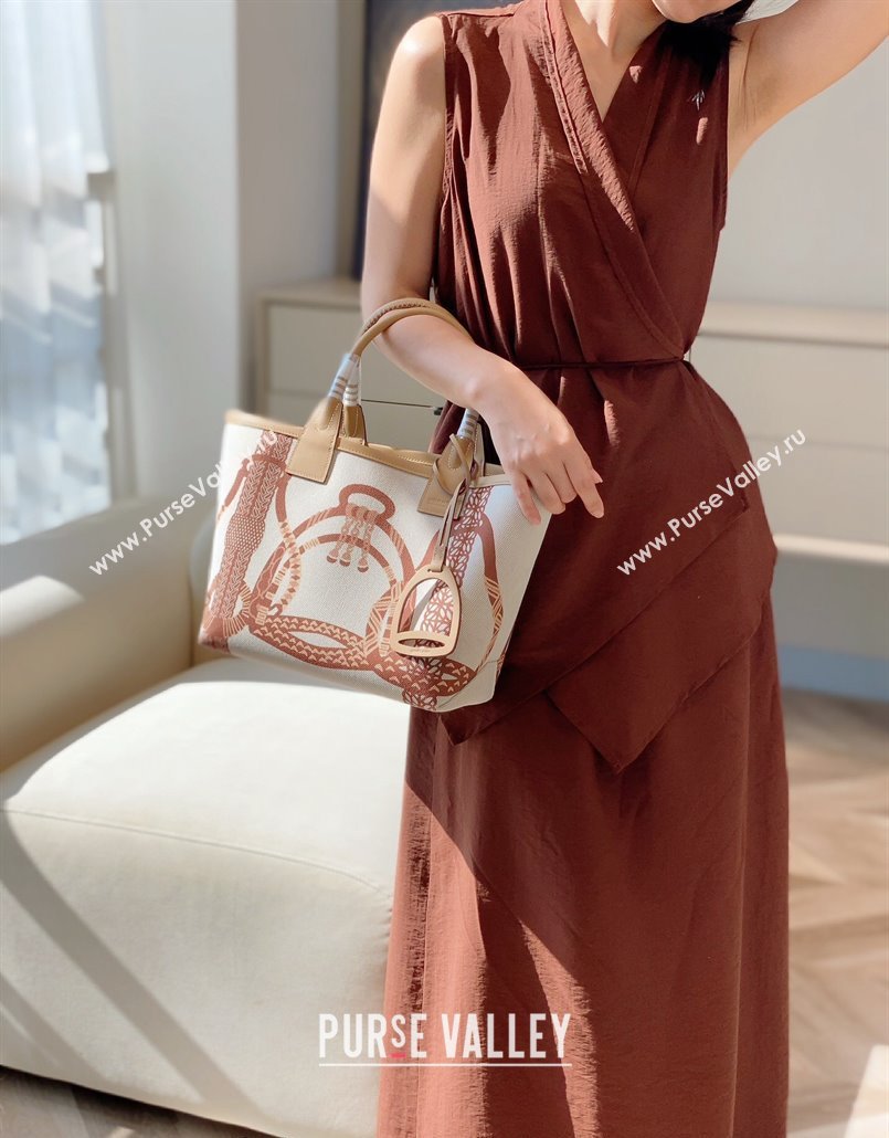 Hermes Steeple Tote Bag 28cm in Printed Canvas and Calfskin Beige 07 2024 (Half Handmade) (FLB-240925026)