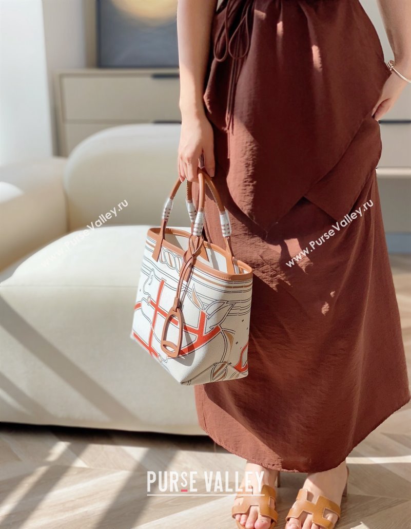 Hermes Steeple Tote Bag 28cm in Printed Canvas and Calfskin Brown 08 2024 (Half Handmade) (FLB-240925027)