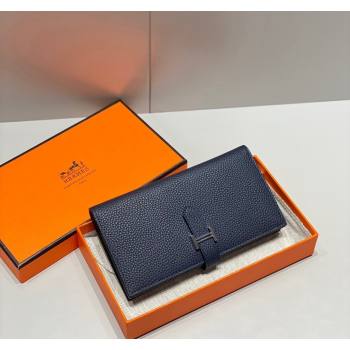 Hermes Bearn Togo Supple Leather Long Wallet Navy Blue/Silver 2024 H092404 (FLB-240924088)