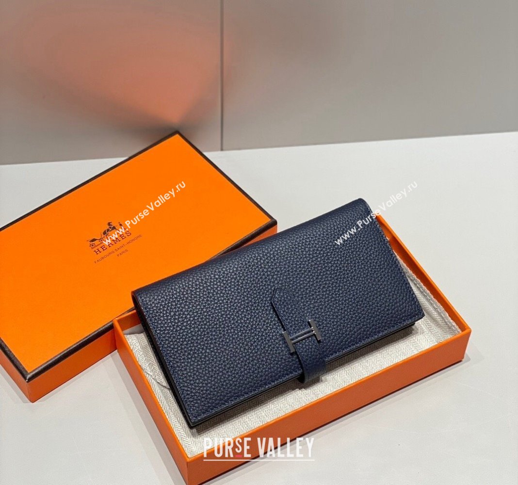 Hermes Bearn Togo Supple Leather Long Wallet Navy Blue/Silver 2024 H092404 (FLB-240924088)