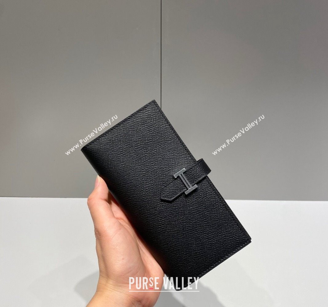 Hermes Bearn Epsom Leather Long Wallet Black/Silver 2024 H092404 (FLB-240924098)