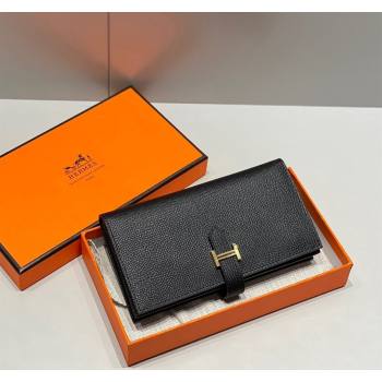 Hermes Bearn Epsom Leather Long Wallet Black/Gold 2024 H092404 (FLB-240924099)