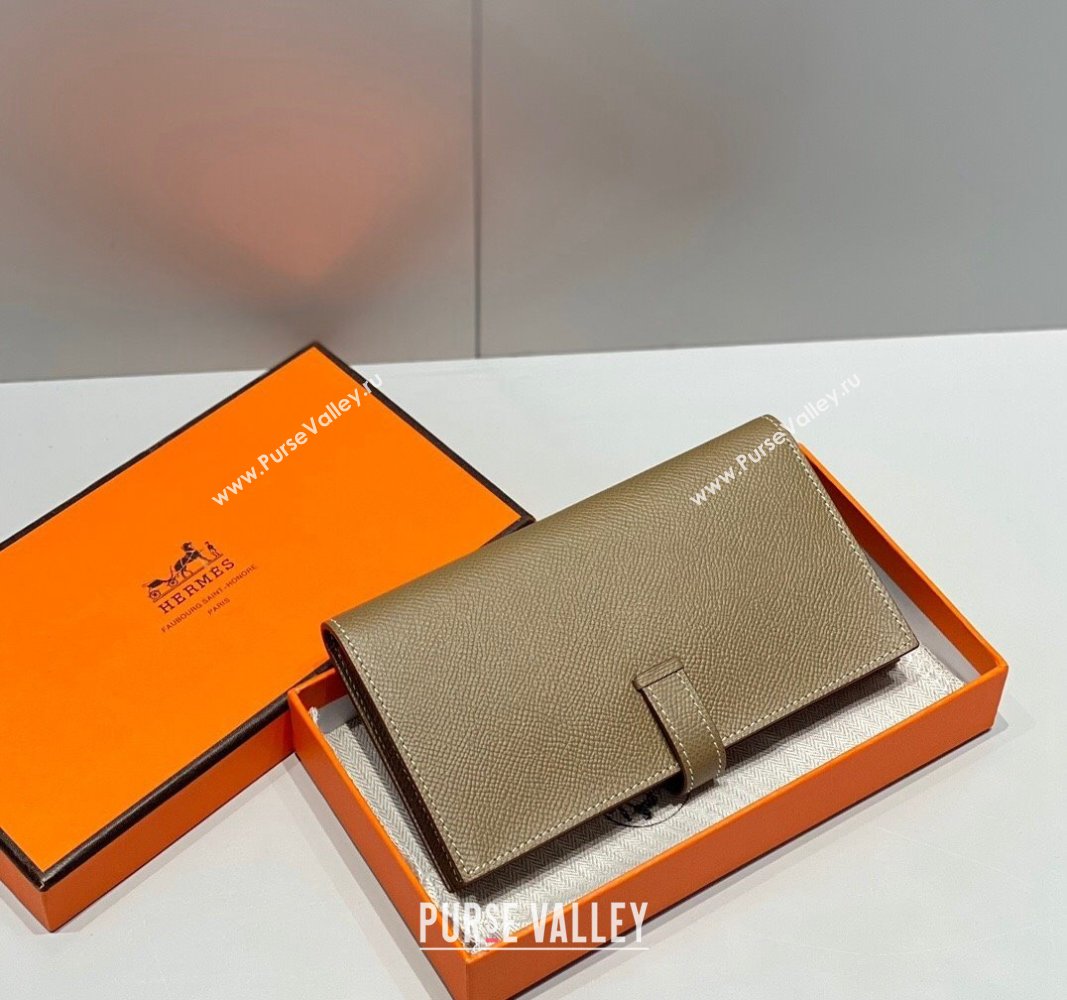 Hermes Bearn Epsom Leather Long Wallet Elephant Grey/Gold 2024 H092404 (FLB-240924100)