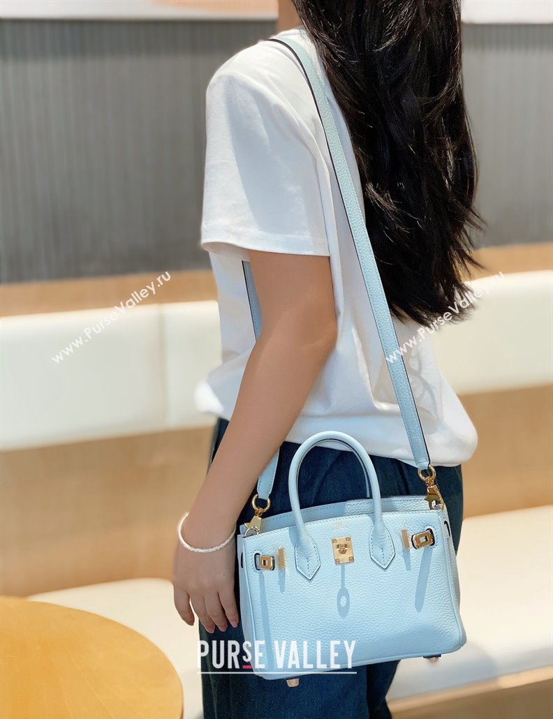 Hermes Mini Birkin 20cm bag with Shoulder Strap in Togo Leather Pale Grail Blue/Gold 2024 (FLB-240925031)