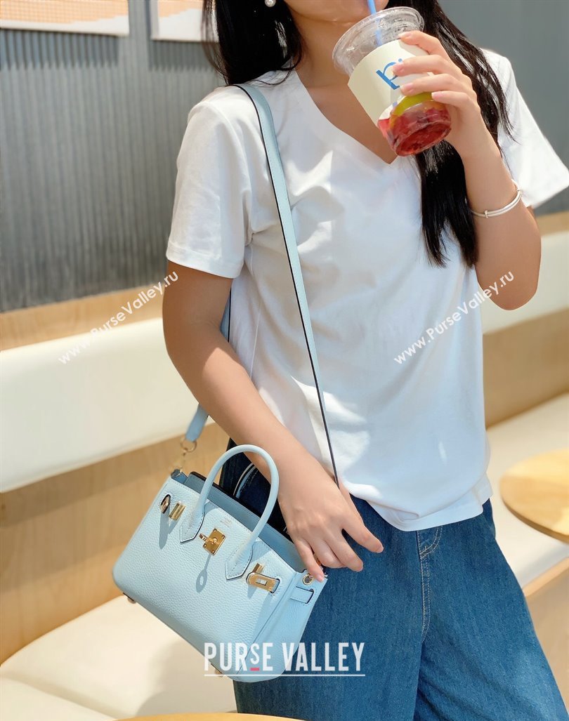 Hermes Mini Birkin 20cm bag with Shoulder Strap in Togo Leather Pale Grail Blue/Gold 2024 (FLB-240925031)