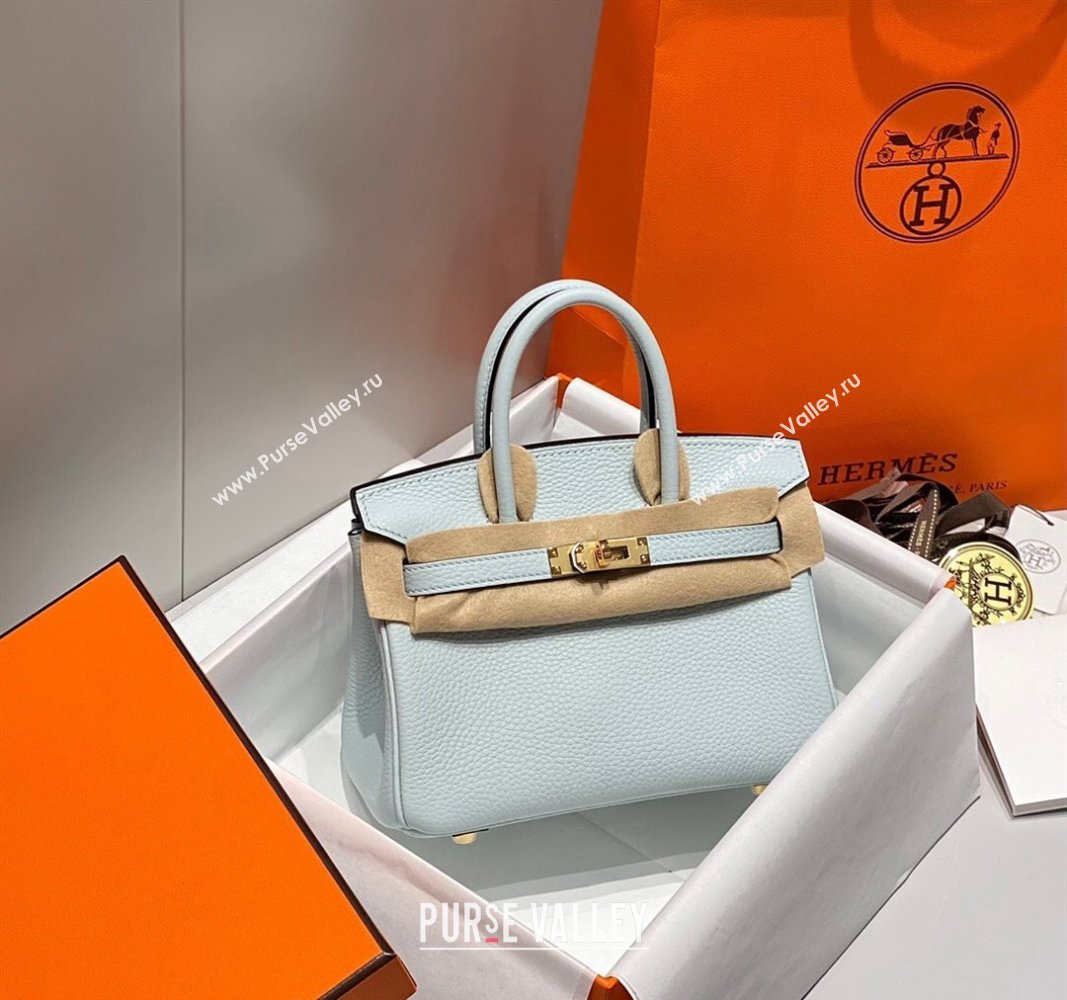 Hermes Mini Birkin 20cm bag with Shoulder Strap in Togo Leather Pale Grail Blue/Gold 2024 (FLB-240925031)