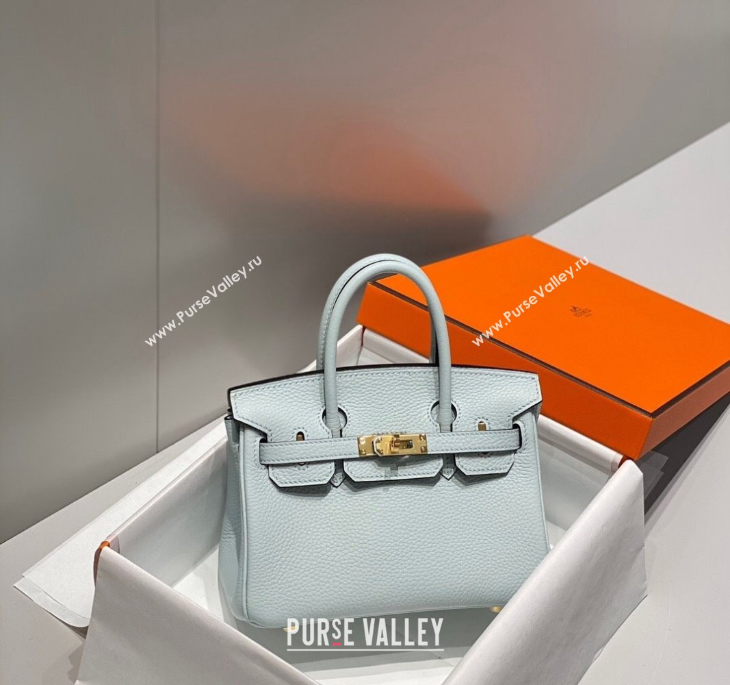 Hermes Mini Birkin 20cm bag with Shoulder Strap in Togo Leather Pale Grail Blue/Gold 2024 (FLB-240925031)