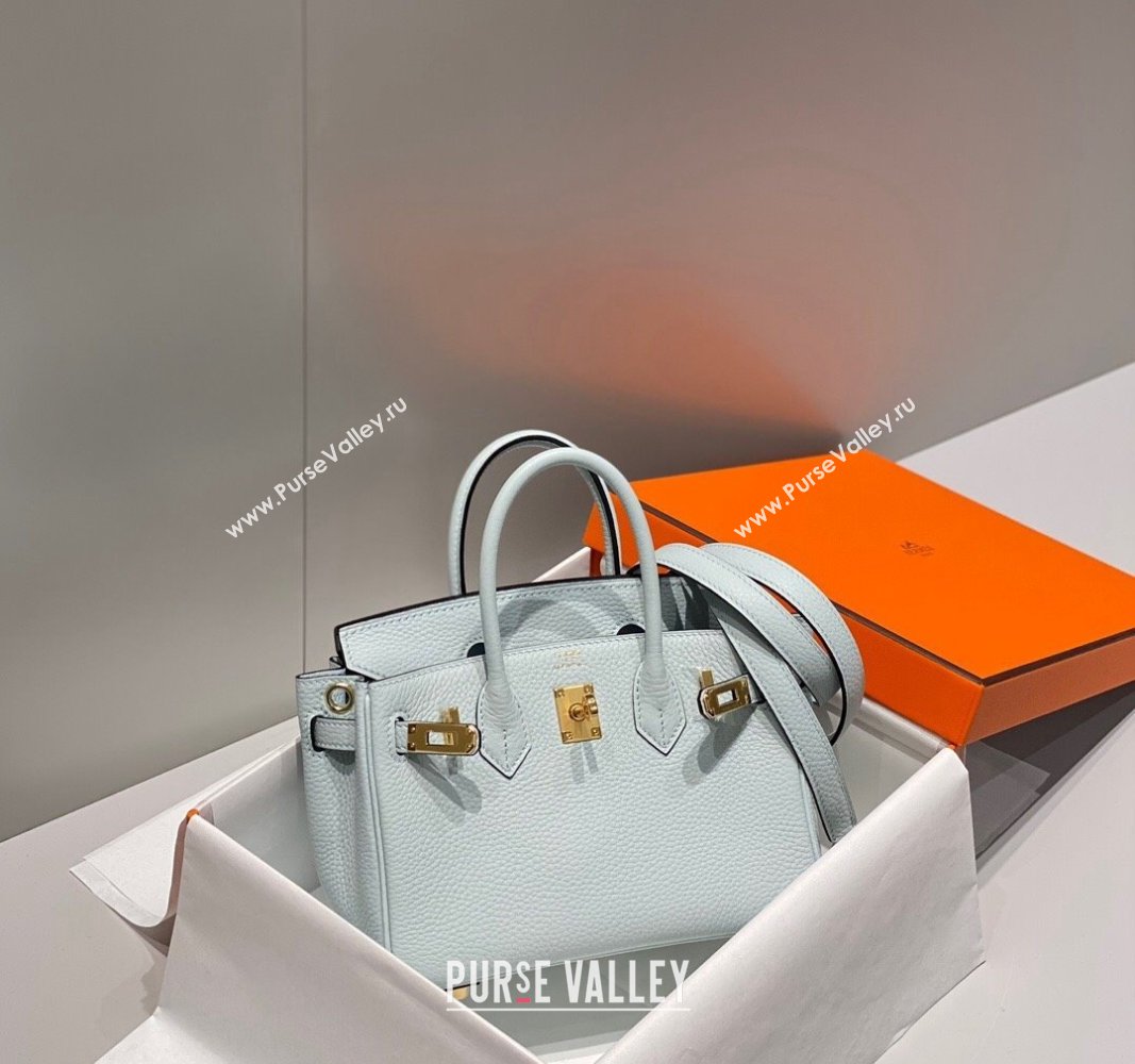 Hermes Mini Birkin 20cm bag with Shoulder Strap in Togo Leather Pale Grail Blue/Gold 2024 (FLB-240925031)